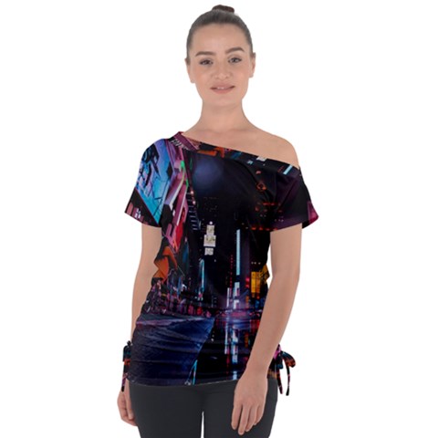 Roadway Surrounded Building During Nighttime Off Shoulder Tie-up T-shirt by Modalart