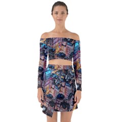 Aerial Photo Of Cityscape At Night Off Shoulder Top With Skirt Set by Modalart