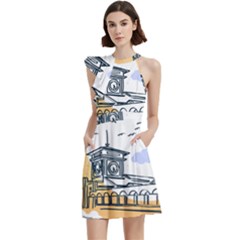 Poster Map Flag Lotus Boat Cocktail Party Halter Sleeveless Dress With Pockets by Grandong