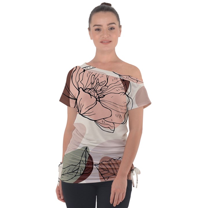 Abstract Flower Leaves Pattern Off Shoulder Tie-Up T-Shirt