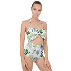 Leaves Foliage Pattern Abstract Scallop Top Cut Out Swimsuit by Grandong