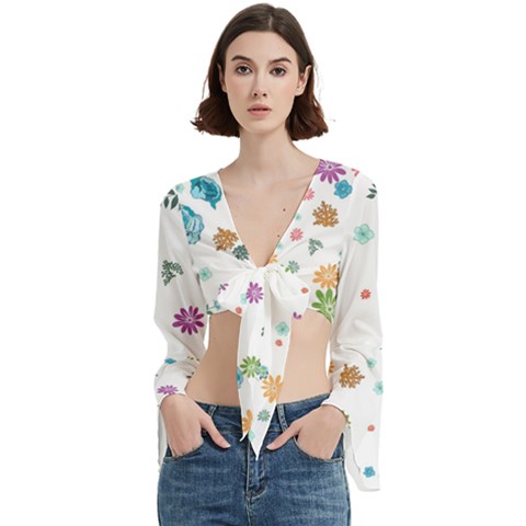 Flower Leaves Background Floral Trumpet Sleeve Cropped Top by Grandong