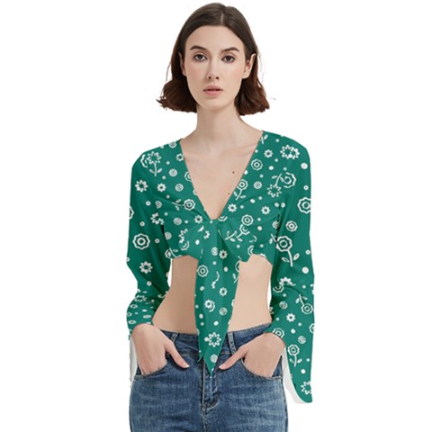 Flowers Floral Background Green Trumpet Sleeve Cropped Top by Grandong