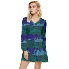 Adventure Time Cartoon Night Green Color Sky Nature Tiered Long Sleeve Mini Dress by Sarkoni