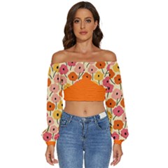 Floral Pattern Shawl Long Sleeve Crinkled Weave Crop Top by flowerland