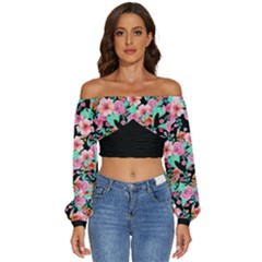 Flower Black Pink Long Sleeve Crinkled Weave Crop Top by flowerland