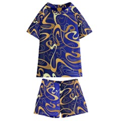 Squiggly Lines Blue Ombre Kids  Swim T-shirt And Shorts Set by Ravend