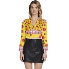 Pizza Table Pepperoni Sausage Long Sleeve Tie Back Satin Wrap Top by Ravend