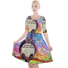 Totoro Starry Night Art Van Gogh Parody Quarter Sleeve A-line Dress by Modalart