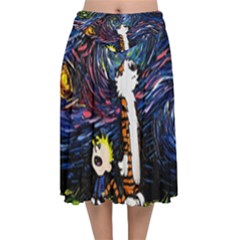 Cartoon Art Starry Night Van Gogh Velvet Flared Midi Skirt by Modalart