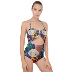 Cartoon Starry Night Vincent Van Gogh Scallop Top Cut Out Swimsuit by Modalart