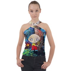 Cartoon Starry Night Vincent Van Gogh Cross Neck Velour Top by Modalart