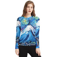 Mount Fuji Art Starry Night Van Gogh Women s Long Sleeve Rash Guard by Modalart