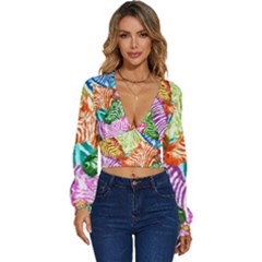 Zebra Colorful Abstract Collage Long Sleeve Deep-v Velour Top by Amaryn4rt