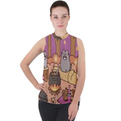 Pusheen Cute Fall The Cat Mock Neck Chiffon Sleeveless Top by Modalart