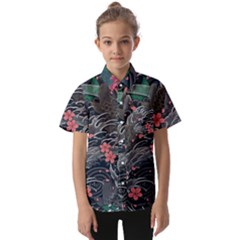 Japanese Wave Koi Illustration Seamless Pattern Kids  Short Sleeve Shirt by Bedest