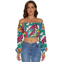 Comic Colorful Seamless Pattern Long Sleeve Crinkled Weave Crop Top by Bedest