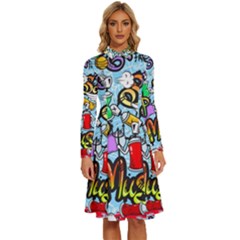 Graffiti Characters Seamless Patterns Long Sleeve Shirt Collar A-line Dress by Bedest