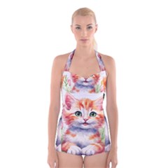 Kitty Watercolour Boyleg Halter Swimsuit  by ttlisted