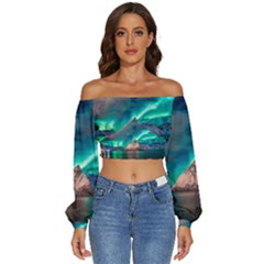 Amazing Aurora Borealis Colors Long Sleeve Crinkled Weave Crop Top by Pakjumat