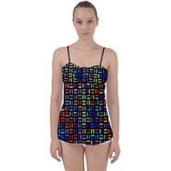 Geometric Colorful Square Rectangle Babydoll Tankini Top by Pakjumat