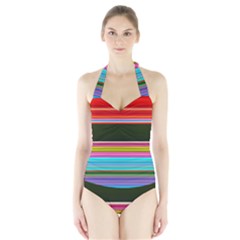 Horizontal Line Colorful Halter Swimsuit by Pakjumat