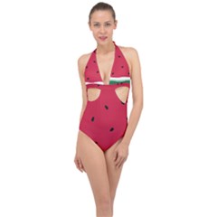 Minimalist Summer Watermelon Wallpaper Halter Front Plunge Swimsuit by Pakjumat