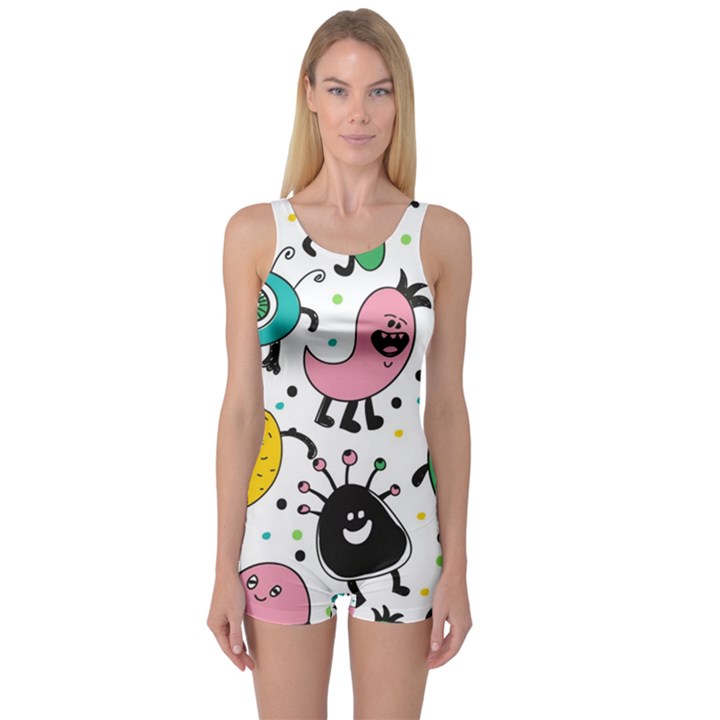 Funny Monster Pattern One Piece Boyleg Swimsuit