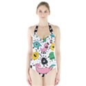 Funny Monster Pattern Halter Swimsuit View1