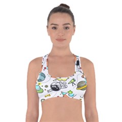 Sketch Cartoon Space Set Cross Back Sports Bra by Hannah976