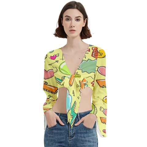 Cute Sketch Child Graphic Funny Trumpet Sleeve Cropped Top by Hannah976