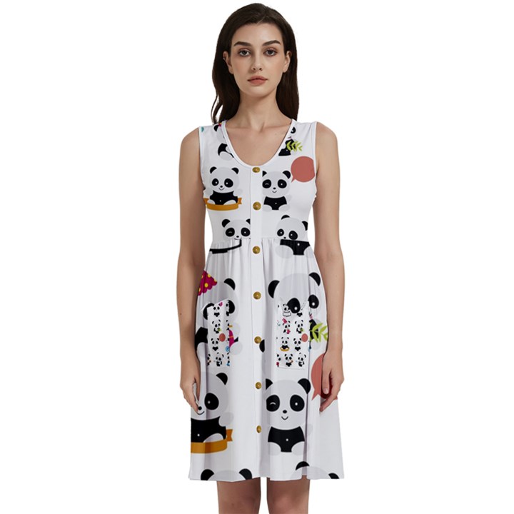 Playing Pandas Cartoons Sleeveless Dress With Pocket