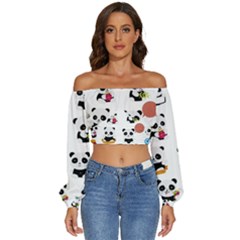 Playing Pandas Cartoons Long Sleeve Crinkled Weave Crop Top by Apen