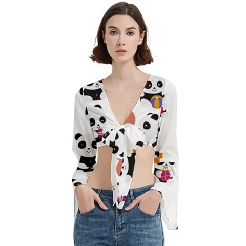 Playing Pandas Cartoons Trumpet Sleeve Cropped Top by Apen