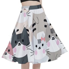 Cute Cat Couple Seamless Pattern Cartoon A-line Full Circle Midi Skirt With Pocket by Bedest