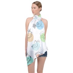 Cartoon Bird Cute Doodle Bird Halter Asymmetric Satin Top by Bedest