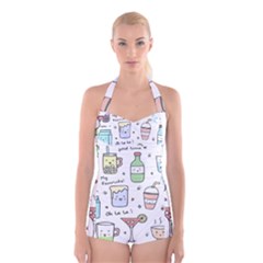 Drinks Cocktails Doodles Coffee Boyleg Halter Swimsuit  by Apen