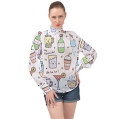 Drinks Cocktails Doodles Coffee High Neck Long Sleeve Chiffon Top by Apen