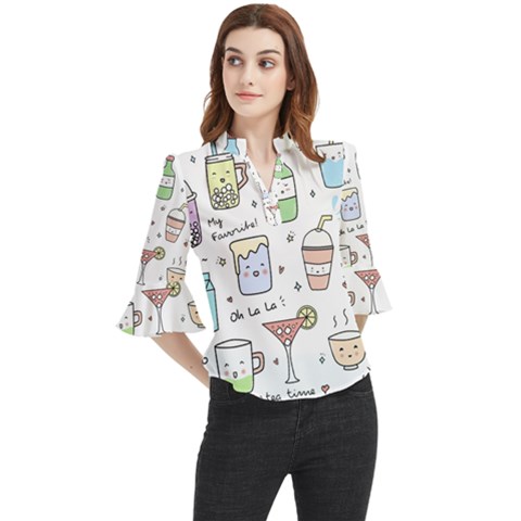 Drinks Cocktails Doodles Coffee Loose Horn Sleeve Chiffon Blouse by Apen