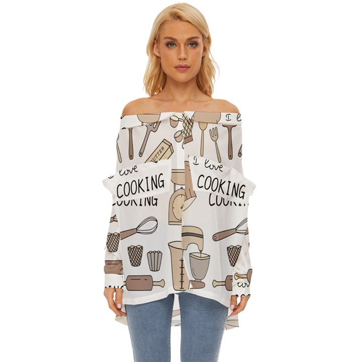 I Love Cooking Baking Utensils Knife Off Shoulder Chiffon Pocket Shirt