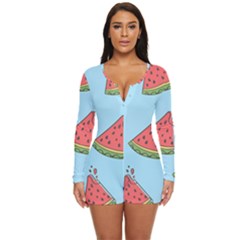 Watermelon Fruit Pattern Tropical Long Sleeve Boyleg Swimsuit by Apen