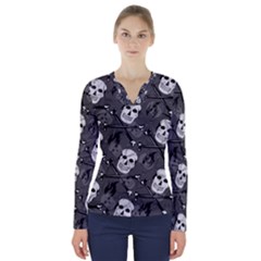 Skull Skeleton Pattern Texture V-neck Long Sleeve Top by Apen