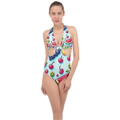 Fruits Sweet Pattern Halter Front Plunge Swimsuit by Ravend