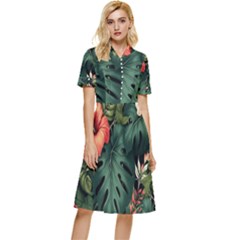 Flowers Monstera Foliage Tropical Button Top Knee Length Dress by Ravend