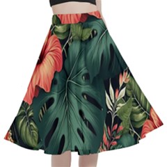 Flowers Monstera Foliage Tropical A-line Full Circle Midi Skirt With Pocket by Ravend