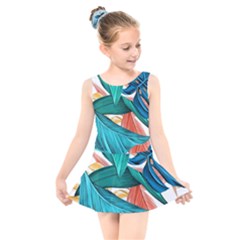 Leaves Tropical Exotic Green Plant Kids  Skater Dress Swimsuit by Ravend