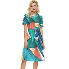 Leaves Tropical Exotic Green Plant Button Top Knee Length Dress by Ravend