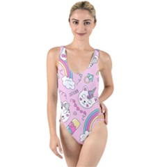 Beautiful Cute Animals Pattern Pink High Leg Strappy Swimsuit by Grandong