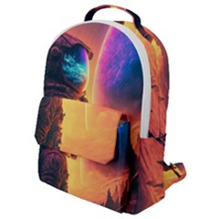 Illustration Trippy Psychedelic Astronaut Landscape Planet Mountains Flap Pocket Backpack (small) by Sarkoni