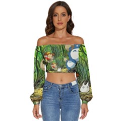 Anime My Neighbor Totoro Jungle Long Sleeve Crinkled Weave Crop Top by Sarkoni